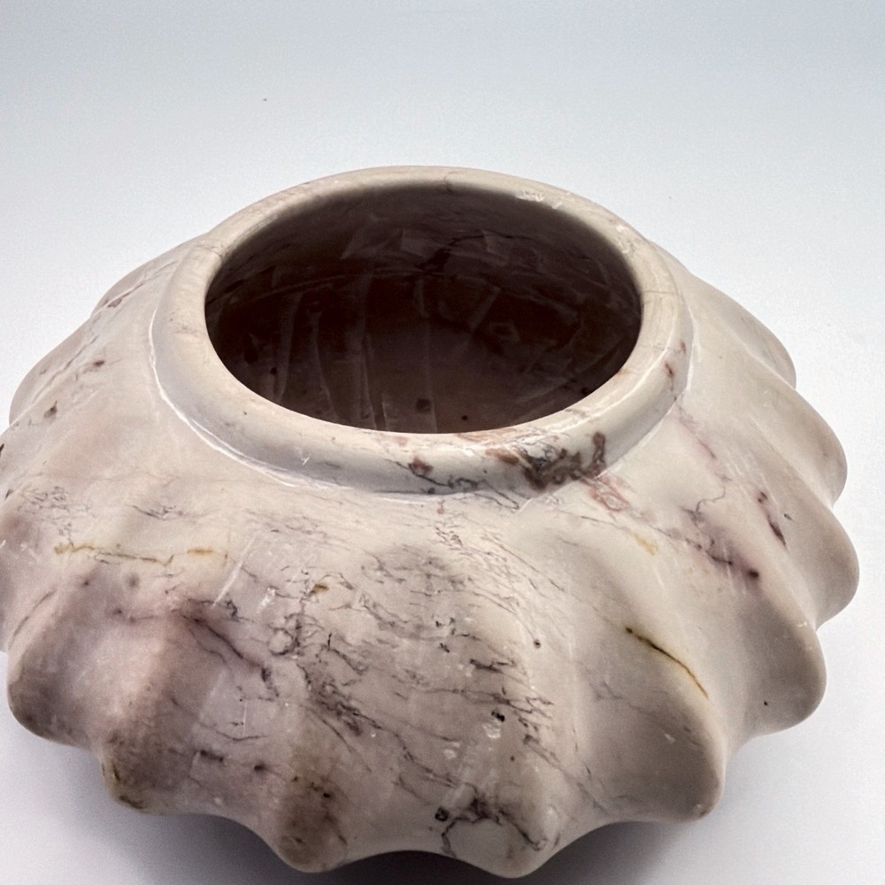 Vintage Marble Gourd Bowl Hand Carved Fluted Scalloped Pink Purple Veining